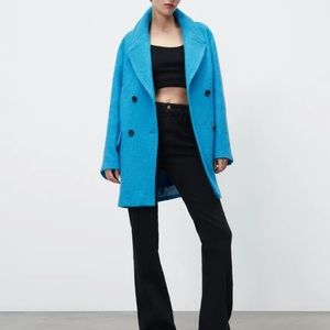 NEW Zara Bright Turquoise Blue Wool Blend Double Breasted Oversize Coat XS